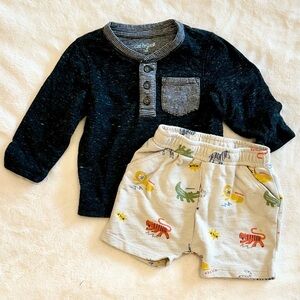 Long Sleeve Shirt and Printed Shorts Set - Size: 12 Months